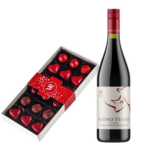 Rhino Tears Noble Read Cultivars 75cl Red Wine and Assorted Box Of Heart Chocolates 215g